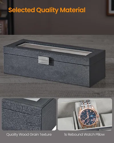 Vista 5 de Caja de reloj, regalos de Navidad, caja de reloj de 6 ranuras con tapa de vidrio grande, almohadas de reloj extraíbles, organizador, regalo