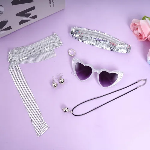 Vista 7 de Juego de accesorios de discoteca de los años 70 para mujer, bufanda de lentejuelas de discoteca