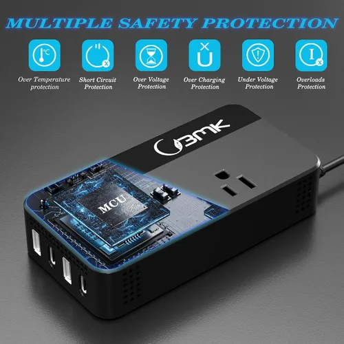 Vista 6 de BMK Inversor de corriente para auto, 200 vatios, corriente continua, 12 a 110 voltios corriente alterna, 4 puertos USB, adaptador de cargador