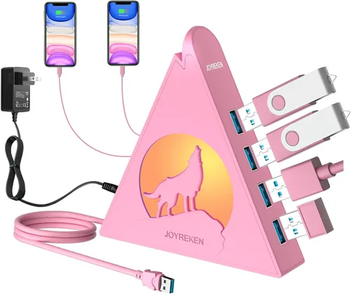 Vista 11 de Hub USB 3.0 alimentado, concentrador de 6 puertos (4 puertos de datos USB 3.0 + 2 puertos de carga inteligente) con adaptador de CA de 48 W, luz RGB