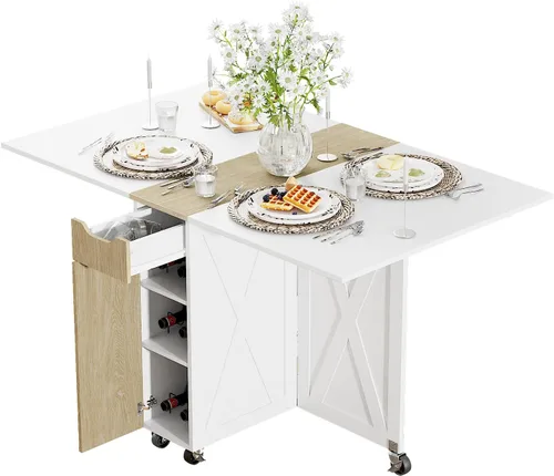 Vista 13 de 3imothrix Mesa de comedor plegable, mesa de comedor con cajón y almacenamiento y estantes, mesa de comedor que ahorra espacio con 6 ruedas, mesa