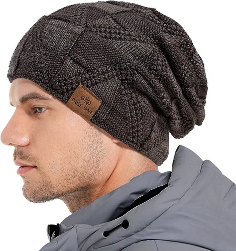 Vista 2 de PAGE ONE Mens Winter Slouchy Beanie Warm Fleece Lined Skull Cap Baggy Cable Knit Hat