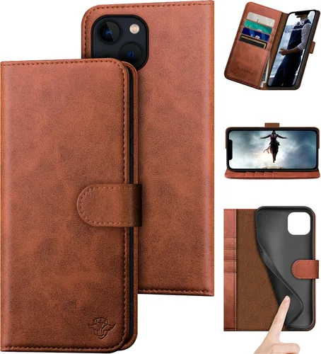 Vista 8 de DuckSky Funda tipo cartera de piel auténtica para iPhone 14 de 6.1 pulgadas con bloqueo RFID, 4 tarjeteros de crédito. Cuero auténtico. Funda