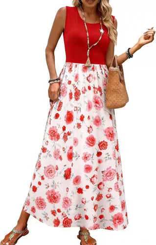 Vista 13 de Bluetime Vestido largo de verano para mujer, estilo bohemio, sin mangas, estampado floral (S-3XL)