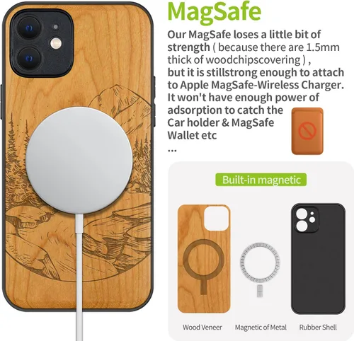 Vista 5 de Carveit Funda magnética de madera para iPhone 12 [madera natural y TPU suave negro] a prueba de golpes, funda de madera única compatible con MagSafe