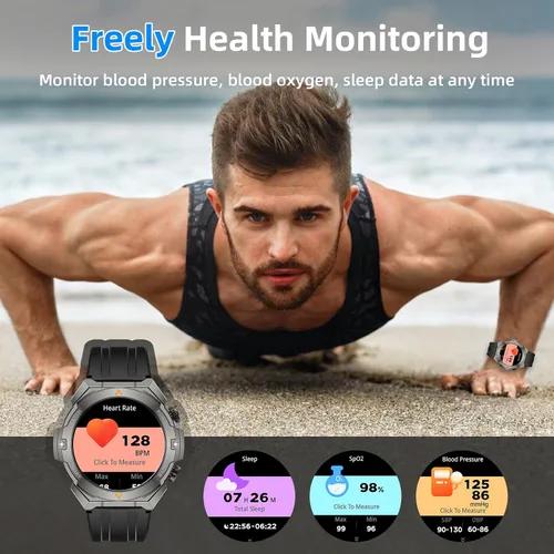 Vista 6 de Reloj inteligente militar para hombre, contestar/hacer llamadas, reloj inteligente HD de 1.46 pulgadas con oxígeno en sangre, frecuencia cardíaca