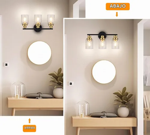 Vista 4 de Ldeco Luces de tocador de 3 luces para baño, lámpara de baño negra y dorada con pantalla de vidrio transparente de burbujas, luces modernas