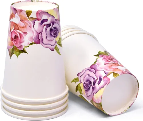 Vista 7 de Gift Boutique Juego de 96 piezas de suministros de fiesta de flores rosas y moradas, platos de papel, servilleta para niña, baby shower, té