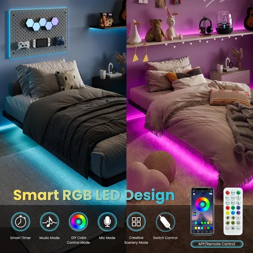 Vista 4 de SHA CERLIN Marco de cama flotante tamaño twin con luces LED inteligentes y estación de carga, cama de plataforma de metal resistente con diseño