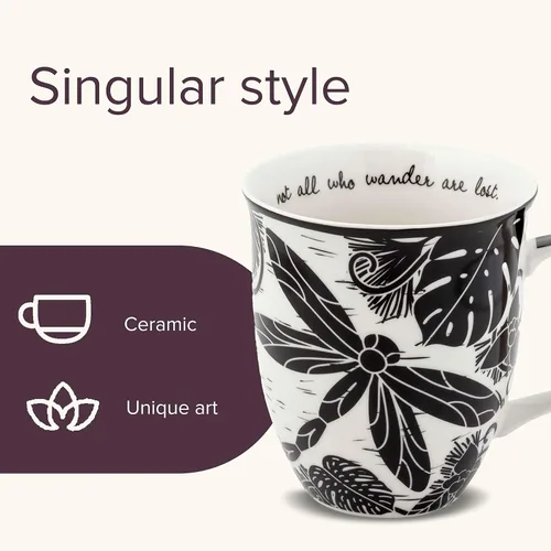 Vista 7 de Karma Taza bohemia de 16 onzas con diseño de mariposa y libélula en blanco y negro, bonita taza de café y té, cerámica, 16 onzas, redonda