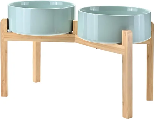 Vista 28 de SPUNKYJUNKY Cuencos elevados de cerámica para perros, 5.1 pulgadas, para comida de perros y gatos, cuencos elevados con soporte de bambú Verde oscuro