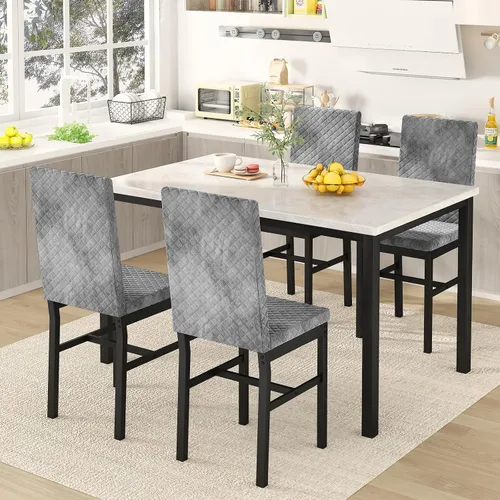Vista 8 de Hooseng Juego de mesa de comedor para 4 mesas de comedor de 5 piezas de mármol sintético con 4 modernas sillas tapizadas de terciopelo para espacios