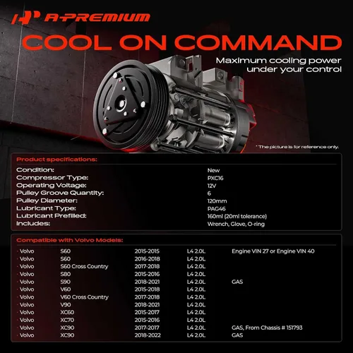 Vista 2 de A-Premium Compresor de CA con embrague compatible con Volvo XC60 2015-2017, XC90 2017-2019, S60 2.0L 2017-2018, XC70 2015-2016, S80 S90 V60 V90 y más