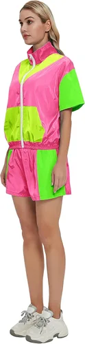 Vista 4 de Nhicdns Conjunto de 2 piezas para mujer, traje deportivo de los años 80 y 90, disfraz de fiesta de verano, chaqueta de manga corta con cremallera