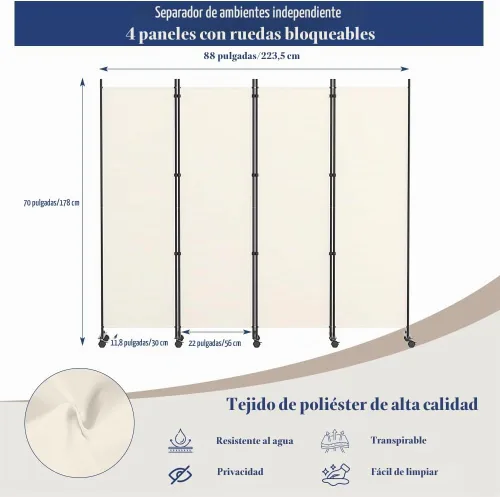 Vista 2 de Kokorona Divisor de habitación de 4 paneles, pantalla de privacidad enrollable de 6 pies de alto con ruedas con bloqueo, separadores de pared