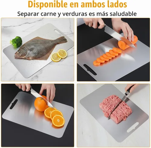 Vista 4 de Juego de tablas de cortar de acero inoxidable de 3 piezas, grado alimenticio, apto para lavavajillas, resistente al olor, para carne, frutas