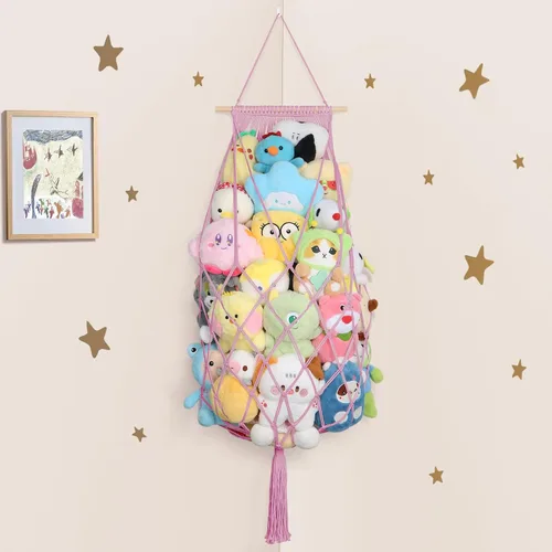 Vista 12 de Almacenamiento de Animales de Peluche de 68 Pulgadas, Hamaca Jumbo de Macramé para Animales de Peluche en Esquina, Hamaca Colgante de Pared y Techo