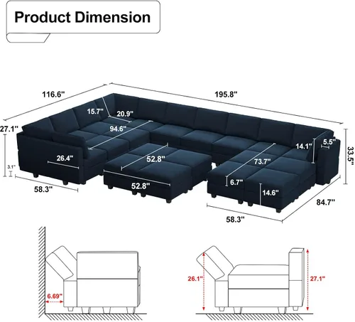 Vista 7 de Belffin Sofá modular grande con asiento de almacenamiento, sofá en forma de U de gran tamaño con tumbona reversible, juego de sofá modular con Azul