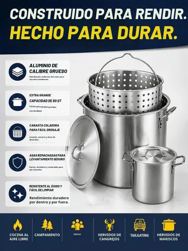Vista 5 de Olla multiusos de grado profesional de 80 cuartos de galón con cesta (3 piezas) más una olla de 12 cuartos de galón (2 unidades).