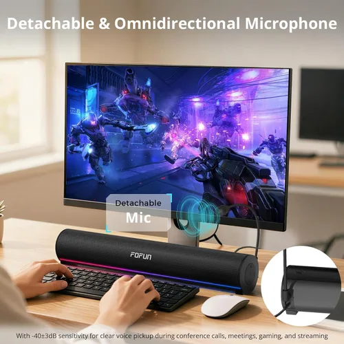 Vista 4 de Altavoces de computadora con micrófono desmontable, barra de sonido USB-A Plug and Play, altavoces de escritorio 3EQ, accesorios de PC y modo