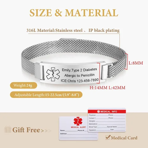 Vista 5 de VNOX Pulsera de identificación de alerta médica para hombres y mujeres, pulseras de alerta médica con grabado personalizado para mujeres y hombres