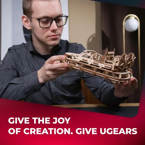 Vista 5 de UGEARS Rescue Hovercraft - Kits de modelo de barco para adultos - Puzzle de madera 3D - Kits de barcos de madera para construir - Kits de barcos