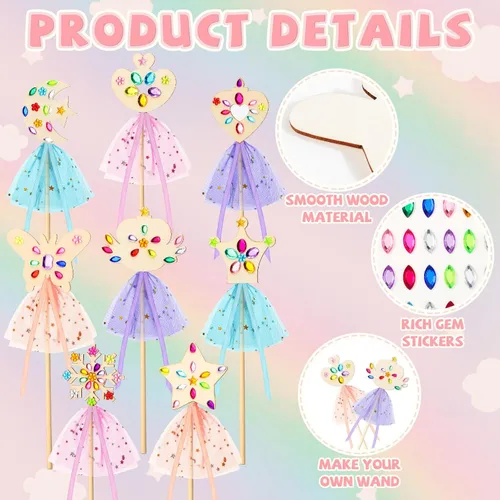 Vista 2 de Queekay - Kit de 34 varitas de princesa, 16 estrellas sin terminar, corona de mariposa, luna, palillo de madera de hada, 6 calcomanías de gemas, 4