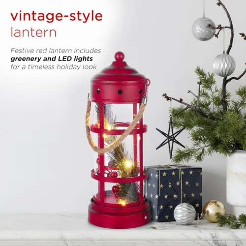 Vista 5 de Alpine Corporation Farol de Navidad de metal y vidrio de 13 pulgadas de alto con 8 luces LED blancas cálidas, temporizador integrado, decoración Rojo