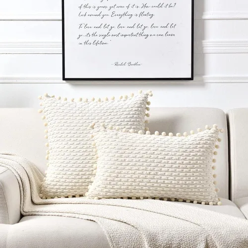 Vista 7 de Fancy Homi - Juego de 2 fundas de cojín decorativas crema blanco de 40 x 40 cm con pompones para sofá cama, decoración de hogar moderna, rústica