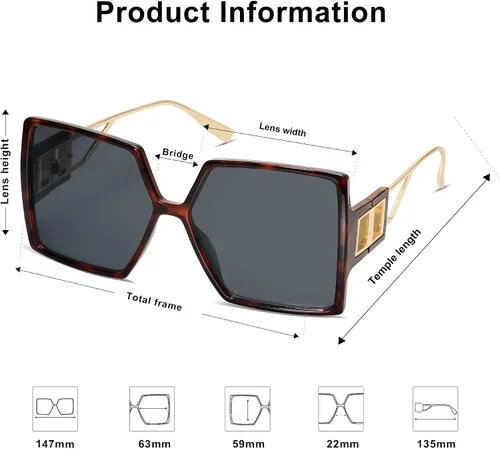 Vista 5 de Allarallvr Gafas de sol cuadradas de gran tamaño para mujer, gafas de sol Tetro de moda para mujer, gafas de sol AR82009