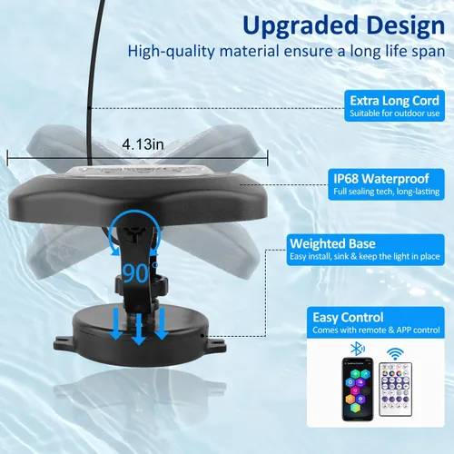 Vista 2 de T-SUN Luces de estanque de colores con aplicación y control remoto – Luces LED brillantes sumergibles bajo el agua, IP68 impermeable foco de paisaje