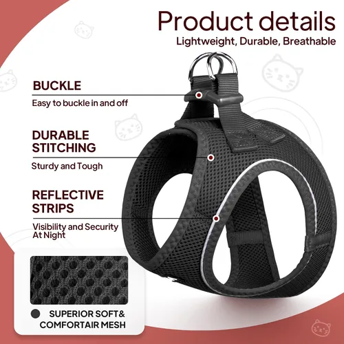 Vista 2 de TwoEar Arnés de gato a prueba de escape, suave chaleco ajustable para perro, de malla transpirable, chaqueta reflectante de fácil control para Negro