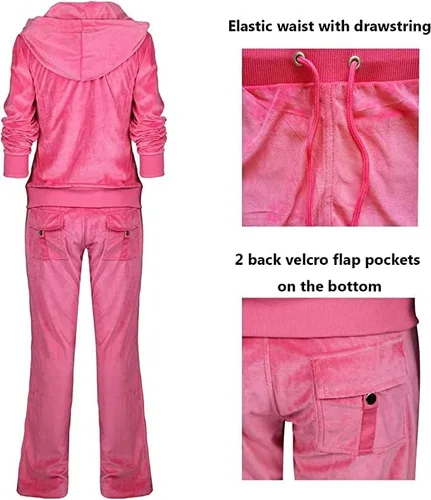 Vista 5 de LI HANTON Conjunto deportivo de terciopelo para mujer, 2 piezas, sudadera con capucha y cremallera completa
