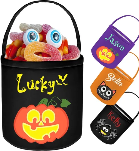 Vista 9 de Cubo de Halloween personalizado con nombre personalizado para trucos o tratos, bolsa de dulces personalizada para niños, bolsas de lona grandes