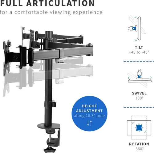 Vista 5 de VIVO Soporte de escritorio ajustable para monitor triple, soporte articulado, capacidad para 3 pantallas de hasta 24 pulgadas, negro, STAND-V003Y