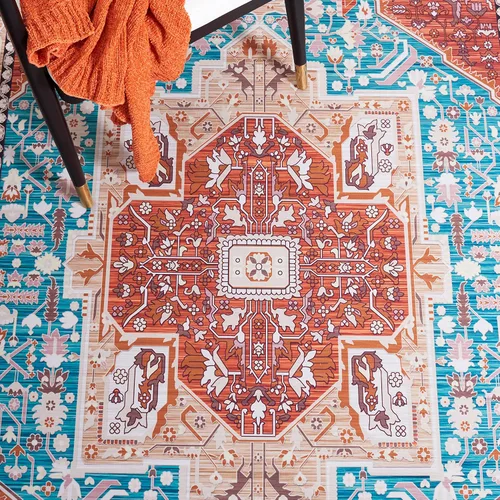 Vista 6 de SAFAVIEH Tucson Collection - Alfombra lavable de 2 pies 6 x 8 pies, color aguamarina y al óxido, antideslizante, ideal para zonas de alto tráfico