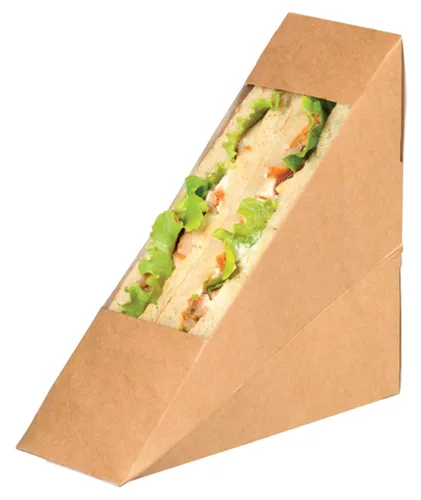 Vista 7 de PacknWood - 209KCK7212 - Cajas en forma de triángulo - Caja de sándwich triple Kraft con ventana - Cajas de papel reciclable para almuerzo - Caja