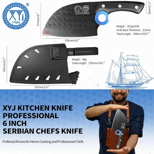 Vista 2 de XYJ Auténtico desde 1986, cuchillo de carnicero grande y resistente, cuchillo de chef serbio con estuche, cuchillo de cocina para vegetales