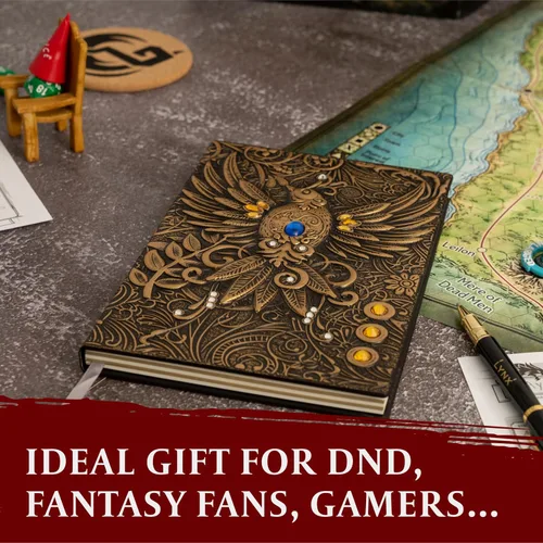 Vista 6 de Cuaderno / Diario DND, Libro Único de 200 Páginas con Cubierta de Falso Cuero con Dragón de Bronce en 3D con Lápiz - Ideal para Dungeons & Dragons