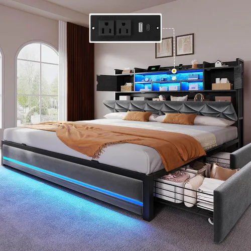 Vista 11 de DWVO Queen Size Bed Frame with RGB LED Lights & Storage Bookcase Headboard Upholstered Bed with Charging Station and 4 Drawers, No Box Spring