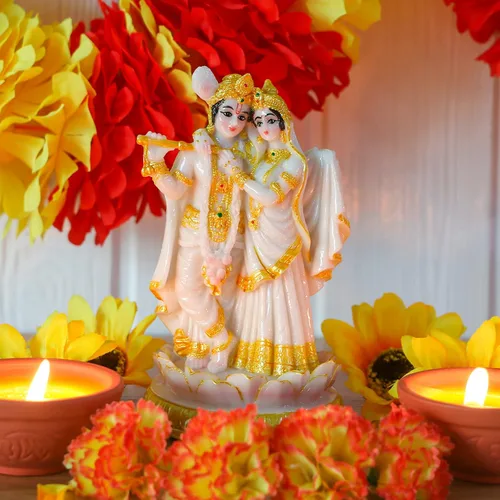 Vista 4 de alikiki Estatua de ídolos hindúes de Radha Krishna, 5.7 pulgadas de alto, aspecto de mármol, escultura de dios indio Krishna Radha para Diwali Puja