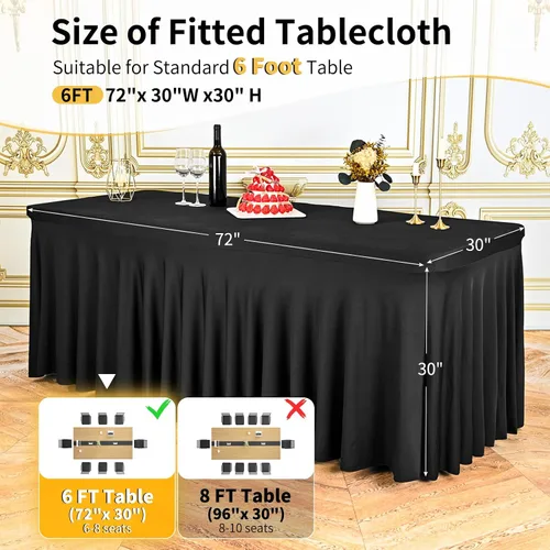 Vista 2 de 2 Packs Black Spandex Table Clothes for 6 Foot Rectangle Tables, Wrinkle Resistant Fitted Tables Cover, Washable Stretch Table Skirts for Weddings