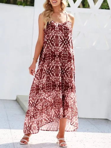 Vista 3 de ANRABESS Vestido largo de alto bajo de verano para mujer, con volantes altos y bajos, con tirantes delgados, con estampado de vuelo