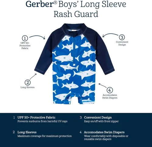 Vista 6 de Gerber Boys' Toddler Long Sleeve One Piece Sun Protection Rashguard Swimsuit