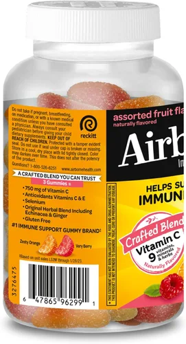 Vista 9 de Airborne 750mg Gomitas de vitamina C para adultos, gomitas de apoyo inmunológico con potentes antioxidantes, vitaminas C y E, sin cafeína - 2x63