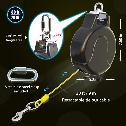 Vista 3 de Cable de amarre para perro de 30 pies y correa retráctil para perro, cable 2 en 1 para tirolesa, carro de cable o ancla, carrete de amarre retráctil