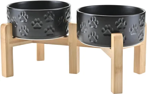 Vista 47 de SPUNKYJUNKY Cuencos elevados de cerámica para perros, 5.1 pulgadas, para comida de perros y gatos, cuencos elevados con soporte de bambú Verde oscuro