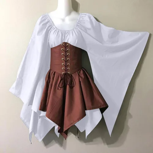 Vista 2 de SHOPESSA Disfraz medieval renacentista para mujer, vestido de corsé pirata, manga acampanada, vestido corto irlandés tradicional