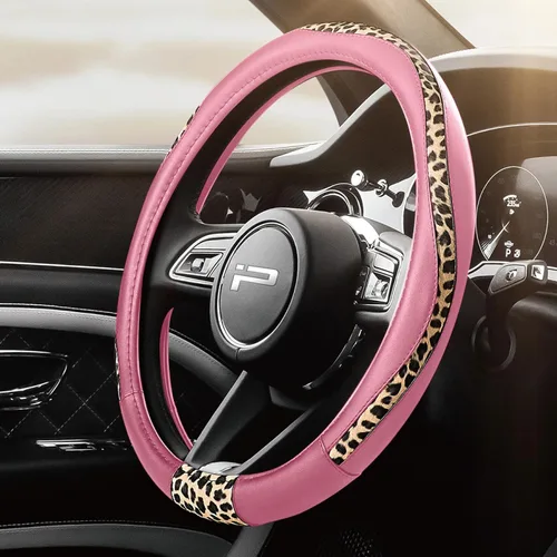 Vista 20 de Road Comforts Funda para volante, cubierta de volante de parte inferior plana hecha con piel de PVC y tela de leopardo, ajuste universal