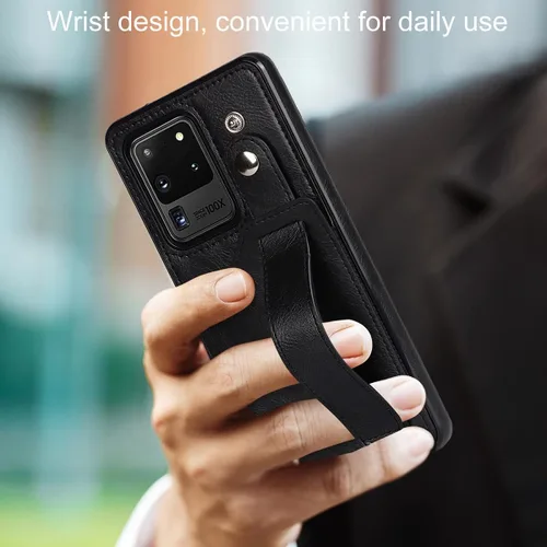 Vista 6 de Funda para teléfono Samsung Galaxy S20 Ultra 5G con protector de pantalla, correa de muñeca ajustable, atril, ranura para tarjetas de crédito